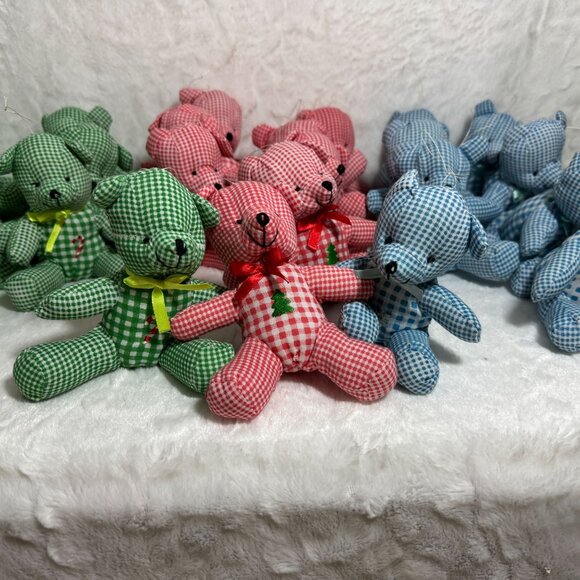 Set Of 24 Vintage Gingham Christmas Teddy Bear Ornaments Ribbon Bow & Embroidery - Picture 1 of 9